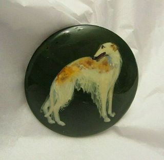 Vintage Russian Borzoi Dog Wood Hand Painted Signed Brooch Pin D
