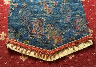 Vintage Ornate Tapestry Wall Hanging,  Latin,  Crests,  Royal Blue & Wood Pole/ Rod 2