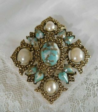 Vintage Sarah Coventry Faux Turquoise,  Pearl Cabochon Statement Pin,  Pendant
