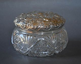 Gorgeous Victorian Brilliiant Cut Glass Dresser Jar Sterling Silver Repousse Lid