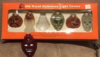 Vintage Old World Halloween Glass Light Covers Witch Pumpkin Skull Box 5,  Devil