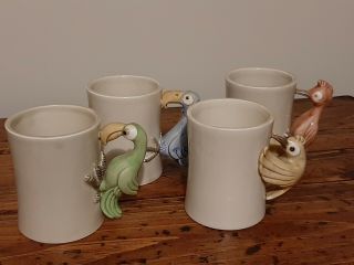 4 Vintage Fitz And Floyd Bird - In - Hand Coffee Mug Figural Handle 1978 Ceramic Cup