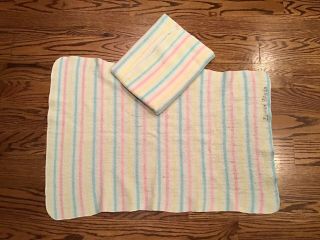 2 Vtg Waffle Weave Baby Blanket Pink Blue Yellow Pastel Stripe Soft 38x27 Beacon