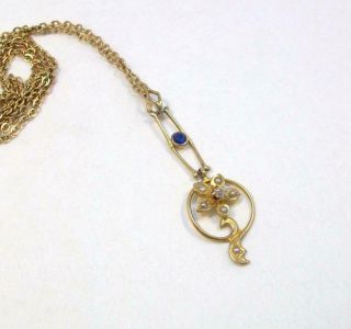 Antique Art Nouveau 14k Yellow Gold Tiny Diamond & Seed Pearl Pendant Necklace