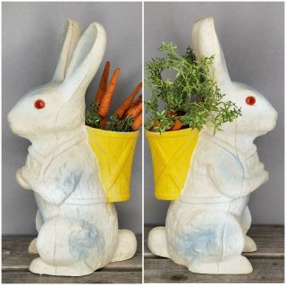Antique Xl Paper Mache Easter Bunny Candy Container Folk Art Clay Carrots Basket