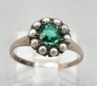 Antique Victorian 10k Gold Emerald Green Glass Jewel Faux Pearl Halo Ring 1.  4g