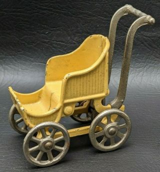 Kilgore Antique Cast Iron Baby Buggy Doll House Carriage Stroller Yellow