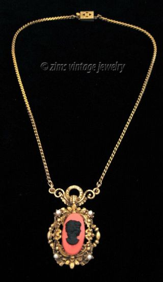 Vintage 1950’s Victorian Revival Faux Coral Black Cameo Gold Seed Pearl Necklace