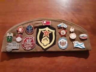 Vtg Russian Soviet Union Military Cap Army Pilotka Hat USSR Patches Pins Ebmlems 2