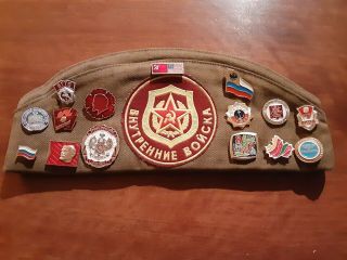 Vtg Russian Soviet Union Military Cap Army Pilotka Hat USSR Patches Pins Ebmlems 3