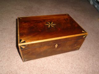 Vintage Flame Mahogany Inlaid Wood Writing Box Desk Top Storage Box