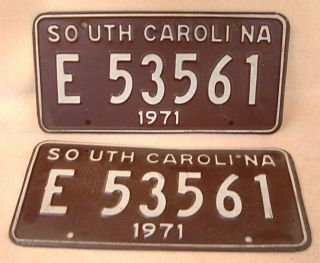 Vintage 1971 South Carolina License Plates Matching Pair E53561 Antique