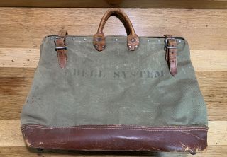 Vintage Bell System Lineman Tool Bag Olive Green Canvas Leather Bottom