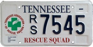 Tennessee 2001 Rescue Squad License Plate,  Rs 7545,  Emergency,  Emt,  Ambulance
