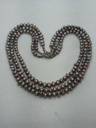 Vintage Sterling Silver 3 Strand Pearl Necklace Peacock Pearls Freshwater