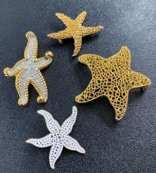 Vintage Star Fish Figural Brooch Pins 4pc Crystal Rhinestones Roma Lot1