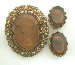 Vintage Reverse Carved Cameo Glass And Gold Pin And Earrings Set