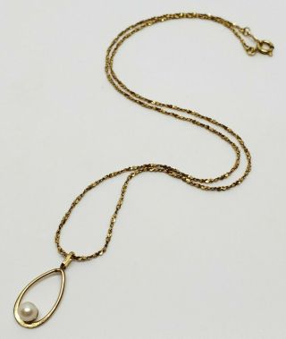 Petite Vintage Signed 14k Gold Filled Pearl Tear Drop Pendant Necklace