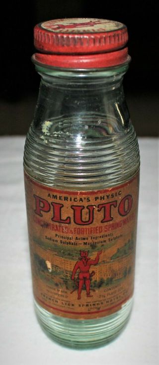 Antique Glass Bottle / Pluto Water / Paper Label & Lid / French Lick In