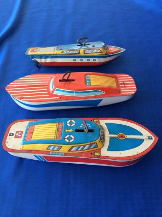 3 Vintage Tin Litho Toy Wind - Up Boats - By Ohio Art Co Usa - Not