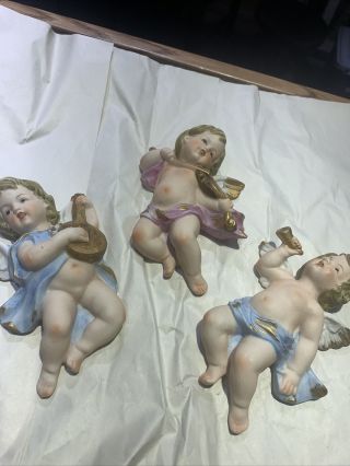 Set Of 3 Vintage Arnart Hand Painted Porcelain Fairy Cherub Angel Wall Decor