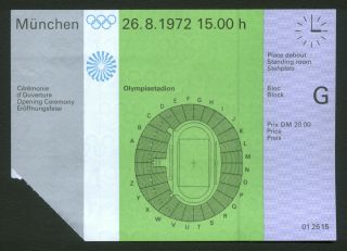 1972 Munich Summer Olympics Opening Ceremony Ticket Stub Standing Room Aug.  26