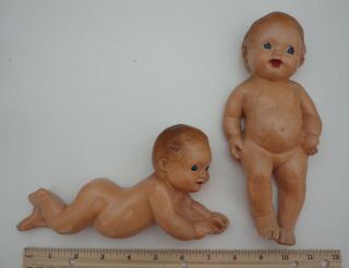 Set Of 2 Vintage Chalkware Baby Wall Hanging Plaque 1940 