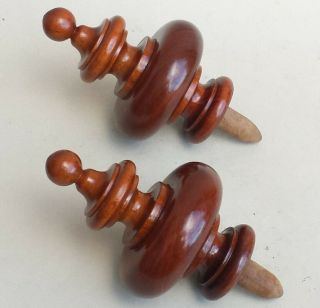 French Wood Walnut Finial Antique Vintage End Post Hand Turned Bed Curtain Pair