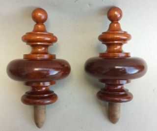 French Wood Walnut Finial Antique Vintage End Post Hand Turned Bed curtain pair 2