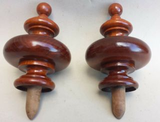 French Wood Walnut Finial Antique Vintage End Post Hand Turned Bed curtain pair 3