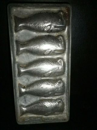 Vintage metal chocolate mold/mould flat,  5 whales,  Anton Reiche. 3