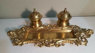 Antique Victorian Brass Dip Pen Tray Ink Stand Inkwell