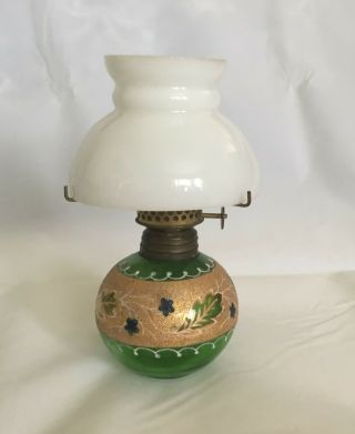 Vintage Gold Encrusted Green Glass Mini Oil Lamp W Milk Glass Shade 5 7/8 "