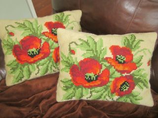 Cute Pair 2 Vintage Needlepoint Handmade Red Flower Decorative Throw Pillows
