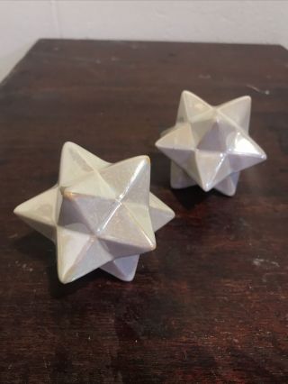 Pair Vtg Decorative Iridescent Ceramic Geometric Stellated Dodecahedron Stars