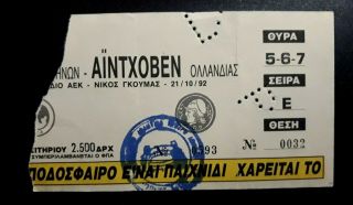 Ticket Aek Fc - Psv 1992 Champions League
