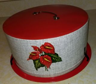 Vintage Decoware Metal Cake Carrier Red And Gray With Handle And Clips