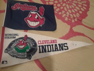 Vintage Mlb Cleveland Indians Chief Wahoo Pennant And Flag Cleveland Stadium