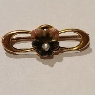 Antique Art Nouveau 10k Yelow Gold Sloan Enamel Pansy Pin W/ Pearl