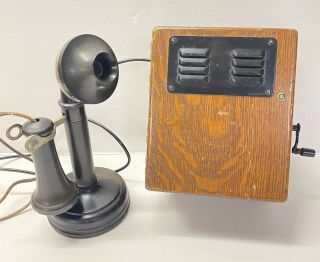 Antique 1908 Kellogg Candlestick Bakelite Telephone Wood Bell Box Crank Case Nr