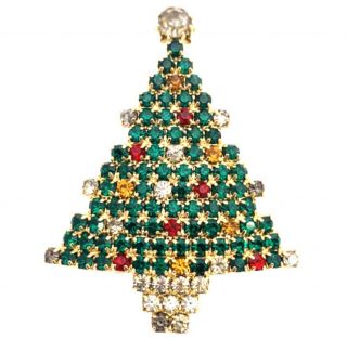 Vtg Huge Gold Christmas Tree Red Green Rhinestone Pin Brooch Designer - 4