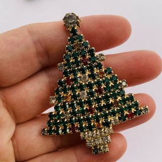 Vtg Huge Gold Christmas Tree Red Green Rhinestone Pin Brooch Designer - 4 2