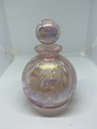 Vintage Pink Opalescent Etched Glass Perfume Bottle With Ground Stopper