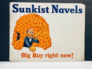 Vintage Store Display 1940’s Sunkist Orange Advertising Sign Cardboard 14 " X10.  5”