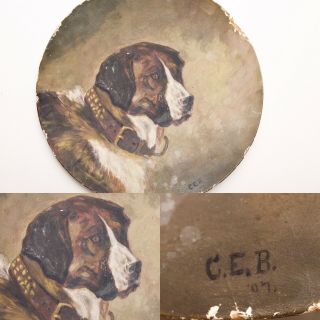Antique Early 1900s Oil Painting Board St Bernard Dog Folk Art Signed 1907 14”