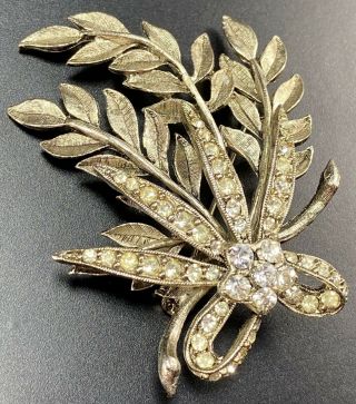 Vintage Brooch Pin 2.  5” Flower Paved Crystal Rhinestones Silver Tone Lot6