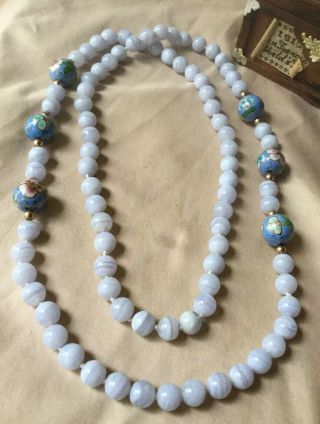Vintage Chinese Hand Knotted Blue Chalcedony Cloisonné Bead Beaded Necklace Wow