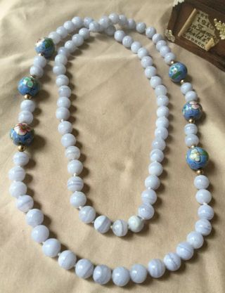 Vintage Chinese Hand Knotted Blue Chalcedony Cloisonné Bead Beaded Necklace WOW 2