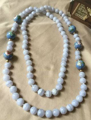 Vintage Chinese Hand Knotted Blue Chalcedony Cloisonné Bead Beaded Necklace WOW 3