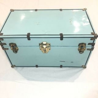 Blue Vintage Trunk Metal Wood 18 1/2” Lined With A Shelf